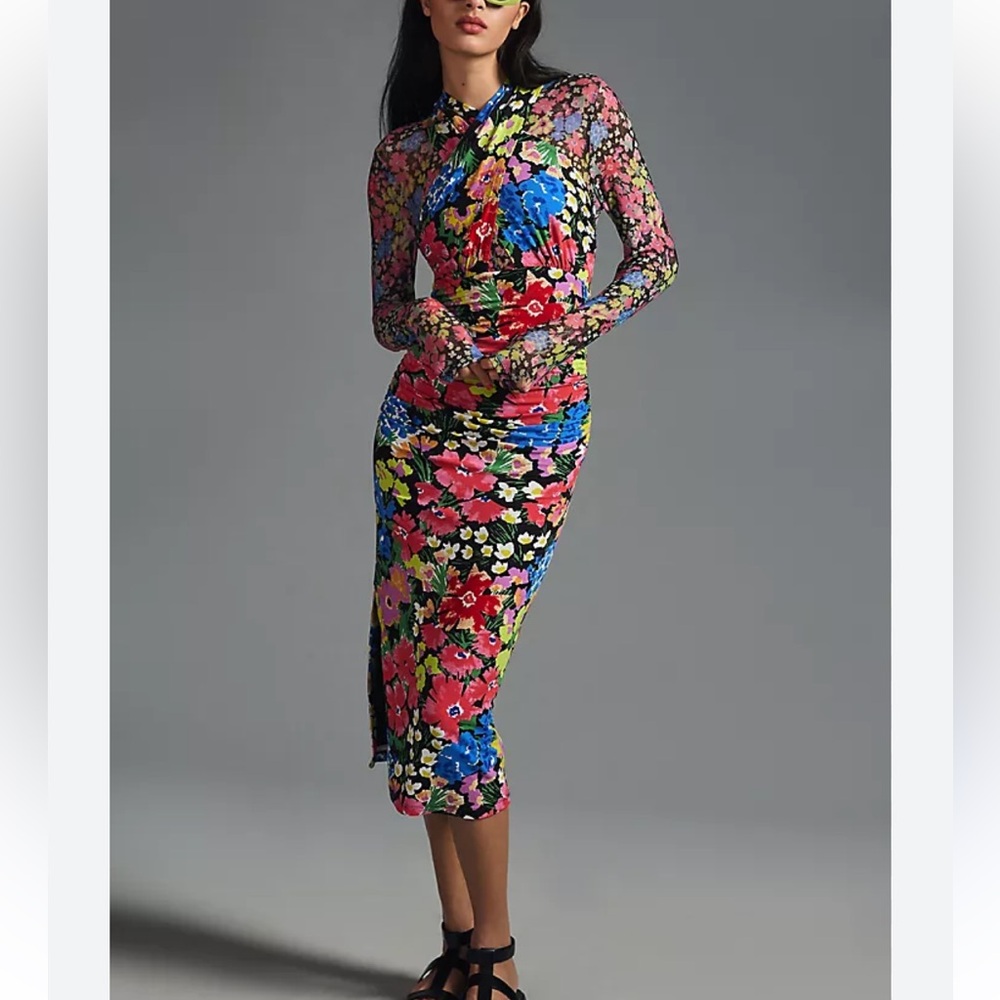 Anthropologie Floral Mesh Bodycon Dress